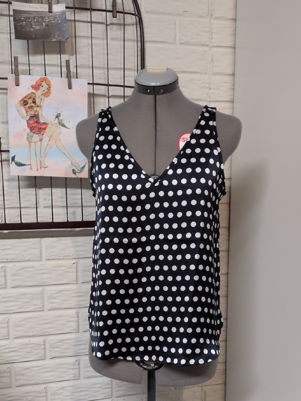 Navy White Polka Dot Satin Tank Loft XS NWOT